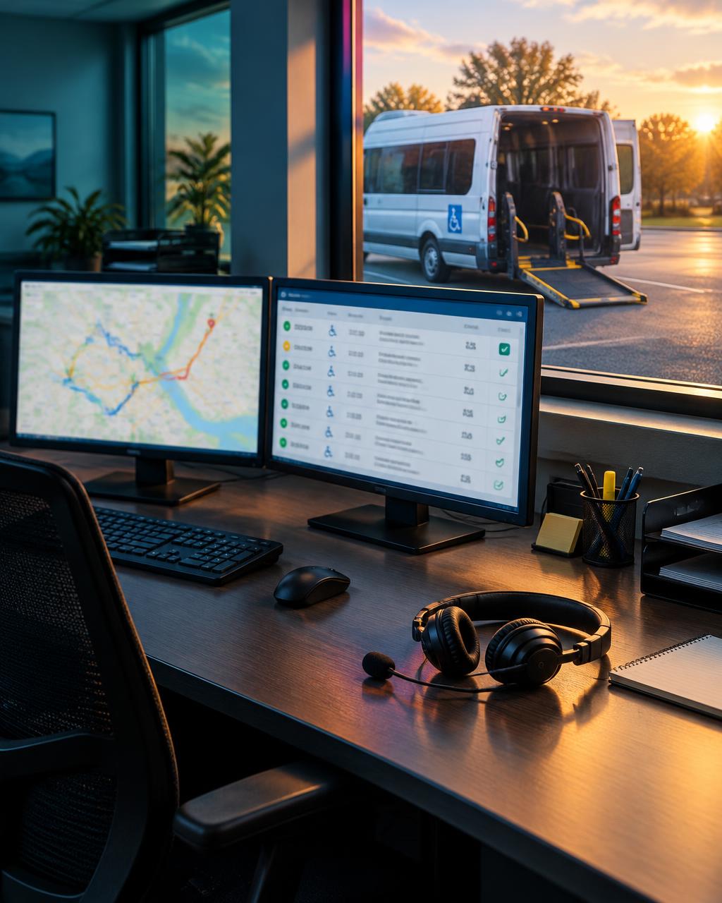 NEMT dispatch desk with route and trip screens and an accessible transport van outside
