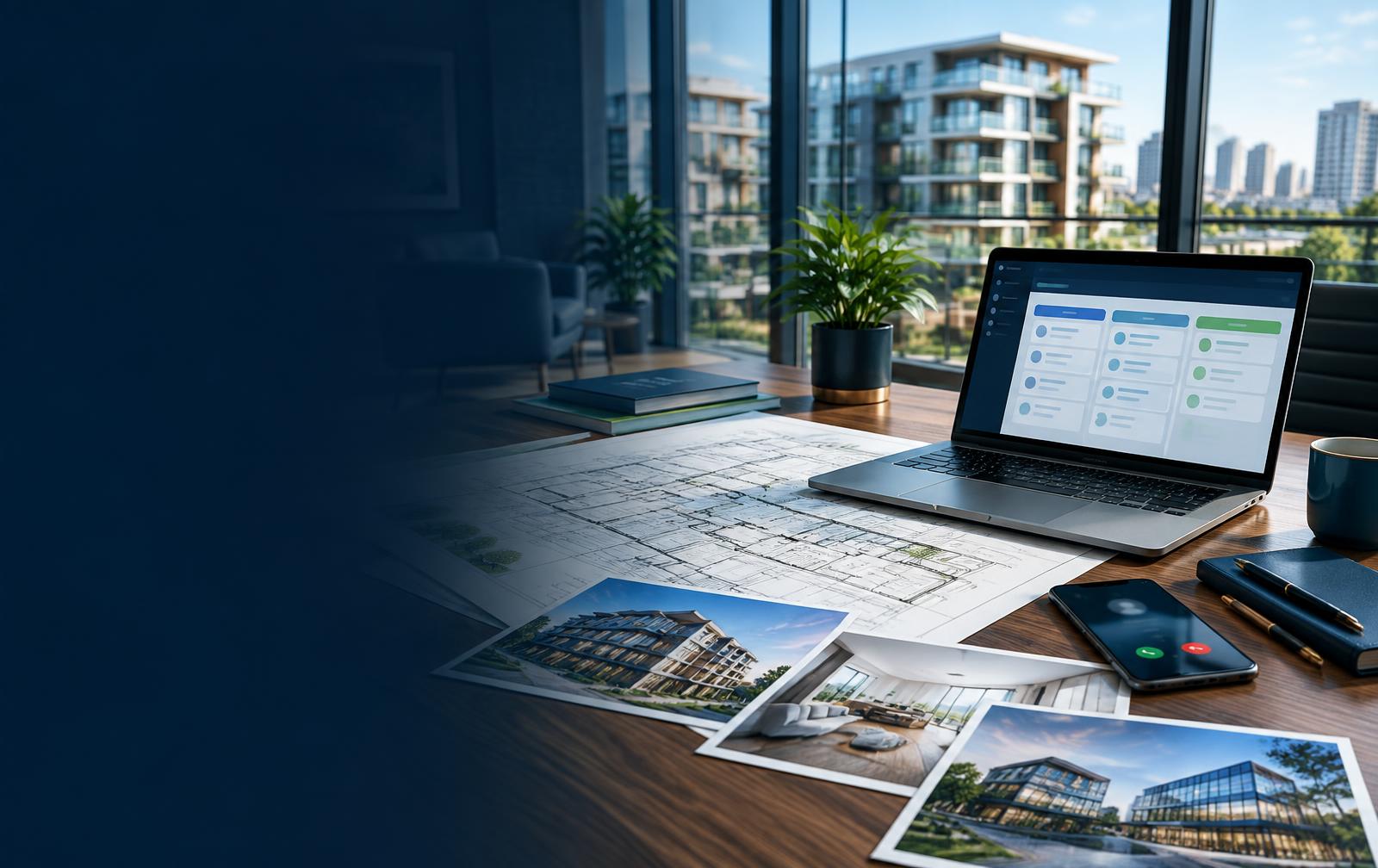 Property management planning workspace overlooking residential buildings