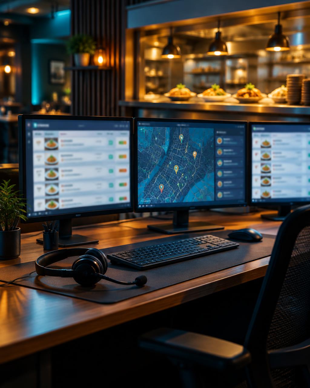 Restaurant call-support desk with a headset and screens showing orders across several locations
