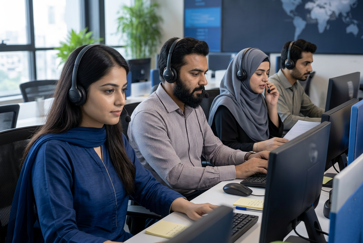 Pakistani support and dispatch agents assisting customers